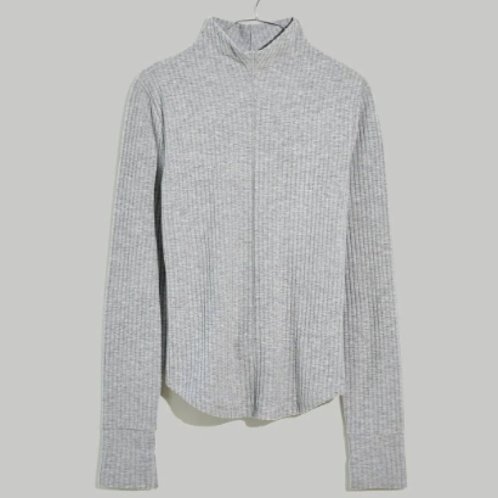 Madewell Light Gray Ribbed Mock Neck Fitted Long Sleeve Top, XL